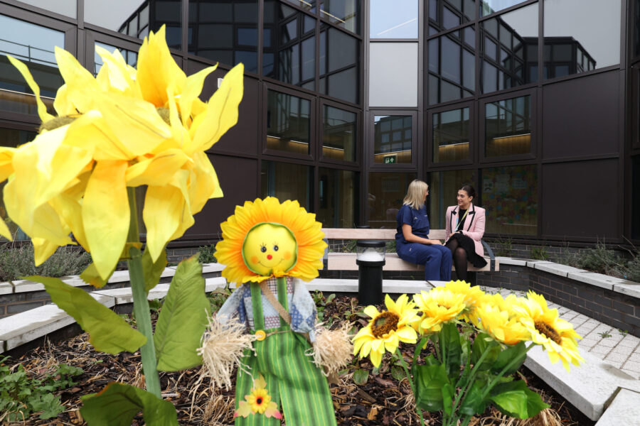 A sunflower toy and real sunflowers, with two women talking in the background on a bench